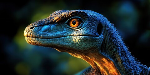 Fototapeta premium Photorealistic portrait of a Velociraptor with detailed scales and predatory gaze in dramatic lighting