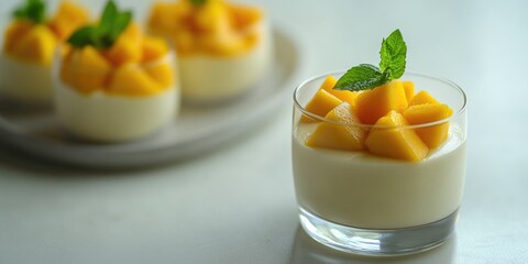 A glass of mango pudding with a green leaf on top. The dessert is served on a white plate