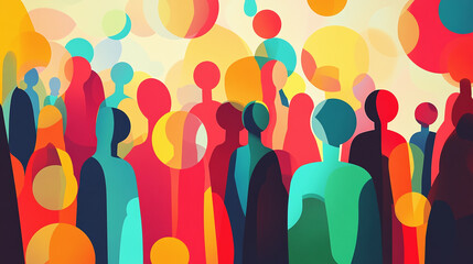 Abstract illustration of a colorful marketing meetup with silhouettes of people against vibrant, overlapping shapes, symbolizing networking, creativity, and collaboration.