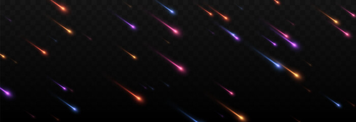 Vector meteor shower png. Falling comets on a transparent background. Cosmic starfall.