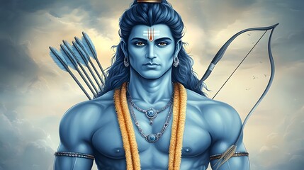 Majestic Portrayal of Lord Ram the Heroic Avatar Standing Fearlessly with Bow and Arrow Embodying Strength Righteousness and Divine Power Against a Dramatic Celestial Backdrop