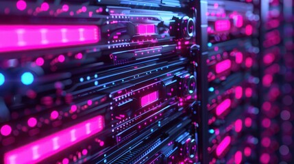 Futuristic server room with vibrant neon lights illuminating data storage technology