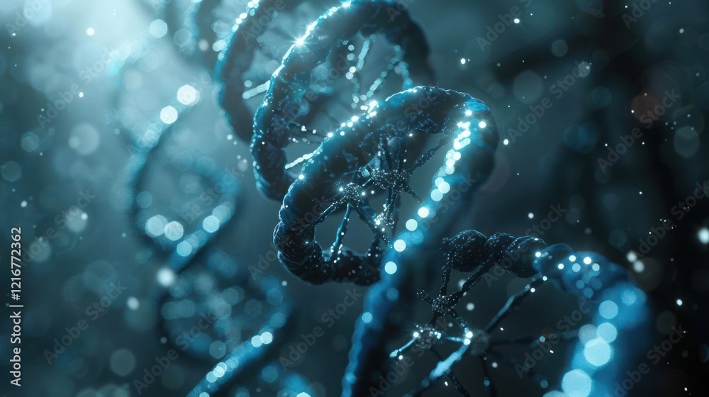 Poster close-up view of a dna double helix structure illuminated by sparkling particles in a dark backgroun