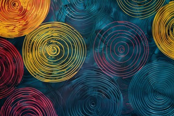 Abstract circular patterns with vibrant colors and textured blue background