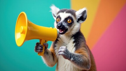 A playful ring-tailed lemur announces an exciting event using a vibrant yellow megaphone against a colorful backdrop.