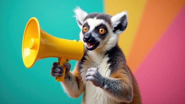 A playful ring-tailed lemur announces an exciting event using a vibrant yellow megaphone against a colorful backdrop.