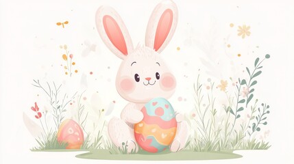 Obraz premium Cute bunny holding Easter egg in spring meadow.