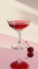 Classic mocktail served in elegant glass with cherry garnish on reflective surface showcasing vibrant red color