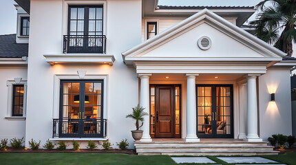 Fototapeta premium Magnificent Modern House Exterior: Elegant Design, Classic Columns, and Luxurious Details