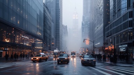 Obraz premium fog in the metropolis, copy space. weather - thick fog on the city streets.