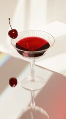 Classic mocktail served in elegant glass with cherry garnish on reflective surface showcasing vibrant red color