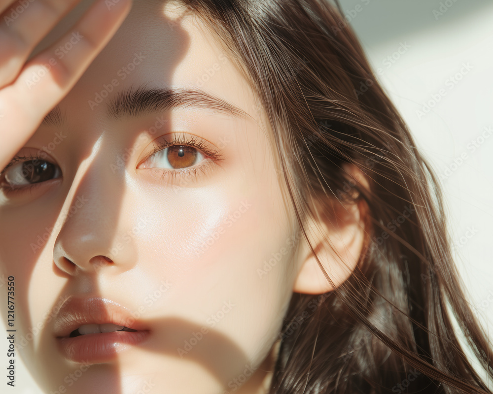Aufkleber 美肌で綺麗な若いアジア人女性の顔半分にクローズアップした美容・ファッション撮影ショット。光と影がおしゃれな雰囲気を作っている。