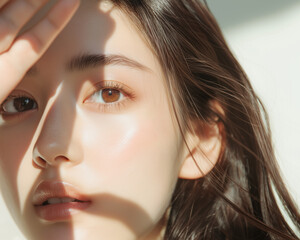  美肌で綺麗な若いアジア人女性の顔半分にクローズアップした美容・ファッション撮影ショット。光と影がおしゃれな雰囲気を作っている。