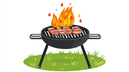 A cartoon-style illustration of an outdoor grill with meat on the grates, flames burning brightly above it.