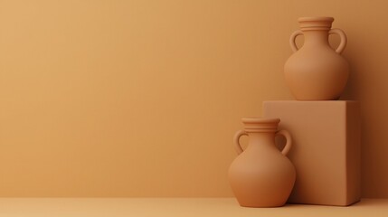 Elegant clay pots on a minimalist background offering a warm, earthy aesthetic for home decor.