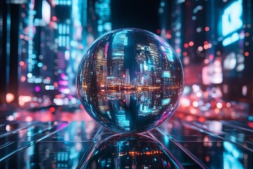Fototapeta premium Reflective sphere on a city street at night showcasing vibrant neon lights and urban architecture. Generative AI