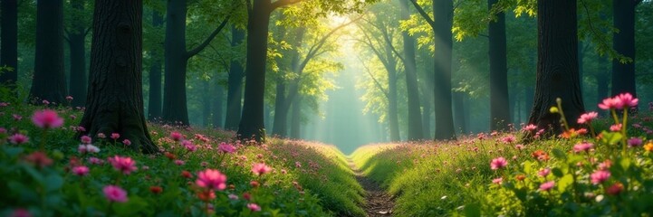 Fototapeta premium Dense forest with tall trees and Ledum palustre flowers, blooming, spring