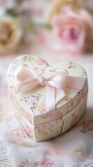 A romantic heart-shaped gift box tied with a delicate ribbon bow, offering the perfect wrapping for a thoughtful gift inside.