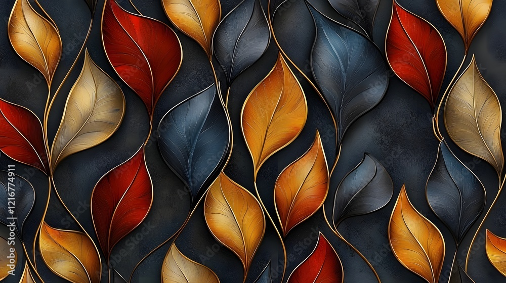 Poster Seamless abstract decorative 3D leaves pattern with intricate textures and soft color gradients creating a modern and elegant visual background stylish for interior design wallpaper textile