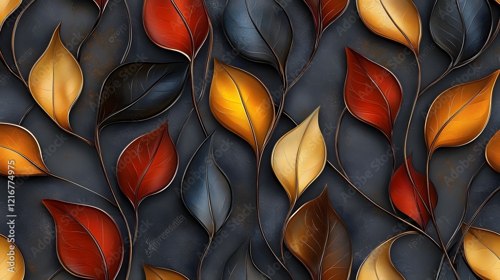 Poster Gorgeous seamless decorative pattern featuring a beautiful blend of 3D abstract leaves with vibrant hues and detailed textures against an background creating a stunning and captivating visual display
