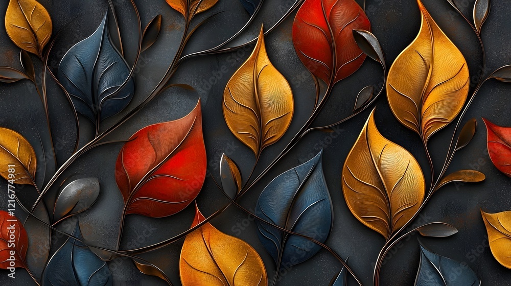 Poster Captivating 3D abstract autumn leaves pattern featuring a blend of vibrant hues and intricate textures creating a seamless and decorative background