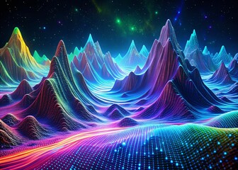 Abstract Tech Landscape: Futuristic Digital Terrain, Data Streams & Binary Code