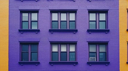 Fototapeta premium Purple building facade with windows, yellow wall beside, urban setting