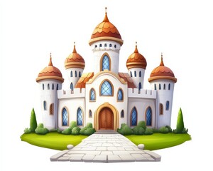 Fototapeta premium Charming Fairy Tale Castle with Colorful Turrets and Lush Garden