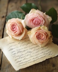 A romantic love letter with roses delicately arranged beside it, the flowers symbolizing affection