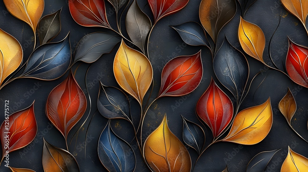 Poster Ethereal Abstract 3D Leaf Pattern with Harmonious Color Palette   Seamless background with intricate details and a blend of soft and bold hues creating a nature inspired decorative design