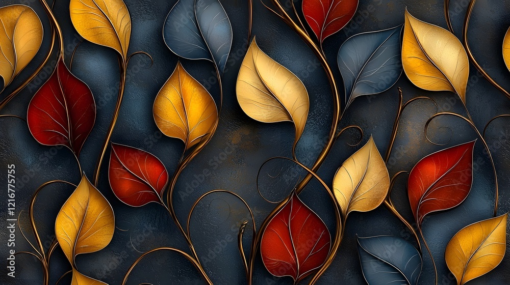 Poster Elegant and intricate abstract 3D leaf pattern background with a harmonious combination of soft and bold autumn colors showcasing the beauty of nature s organic forms in a refined and modern digital