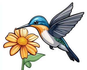 Fototapeta premium Colorful Hummingbird Approaching Bright Orange Flower with Green Leaves