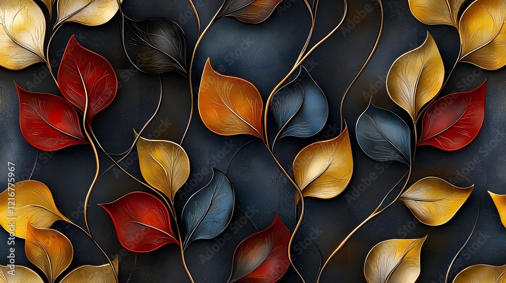 Poster Elegant and Intricate Seamless Pattern of Abstract 3D Leaves with a Harmonious Combination of Soft and Bold Colors in an and Refined Design