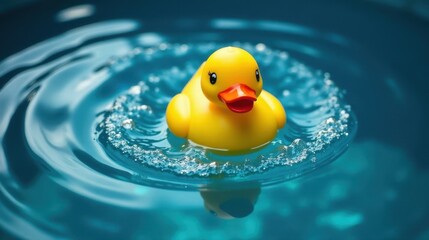 A cheerful yellow rubber ducky playfully bobs on the surface of a tranquil, vibrant blue water, creating a captivating ripple effect.