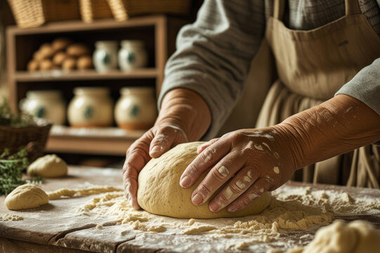 Making dough by female hands on wooden table background. AI generated - Powered by Adobe
