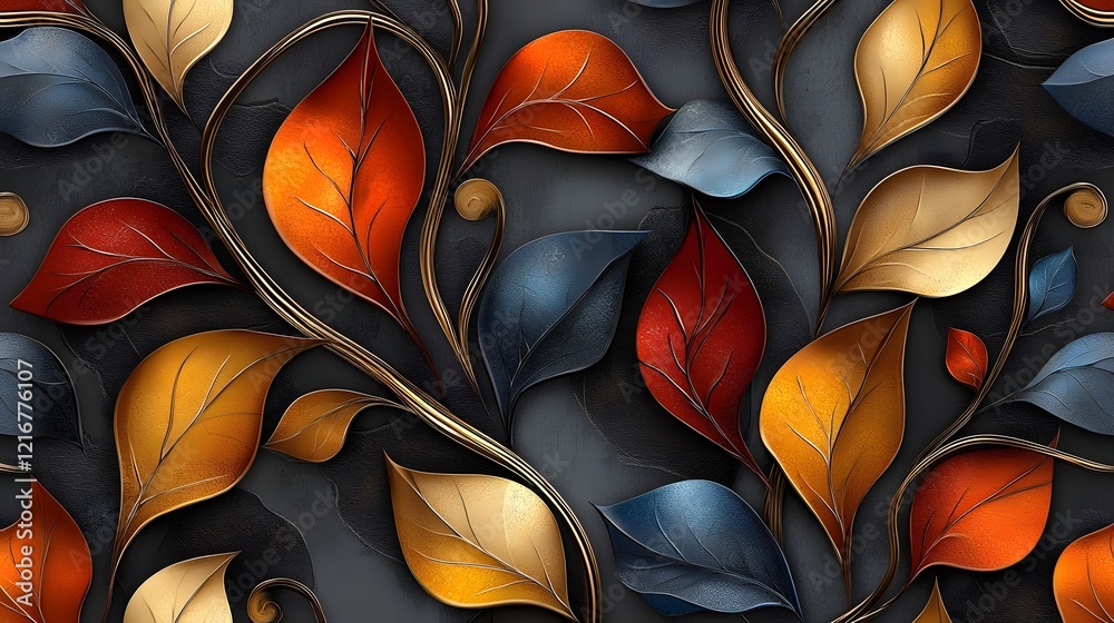 Poster Elegant and Vibrant Seamless 3D Leaf Pattern for Sophisticated Interior Design and Decorative Background  This abstract digital features a dynamic and contemporary botanical motif