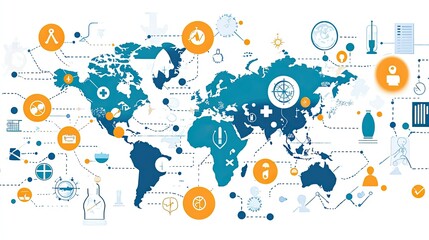 Obraz premium Virus icons spreading over a world map, emphasizing health challenges