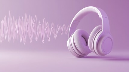 Stylish white headphones placed on a purple background with sound waves, representing modern audio technology.