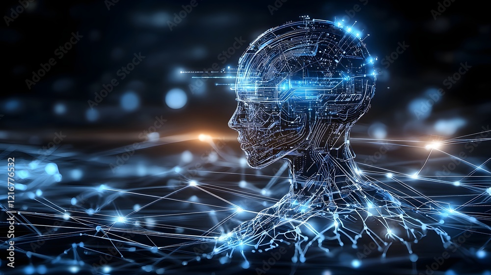 Poster Futuristic digital silhouette of intelligence technology with glowing circuits and neural connections on a dark high tech background