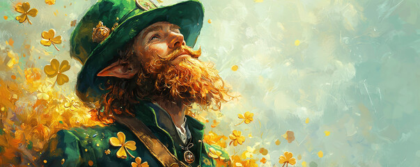 A leprechaun with a flowing beard and green attire gazes upward, surrounded by blooming clovers and hints of gold, embodying the spirit of St. Patrick's Day in Ireland