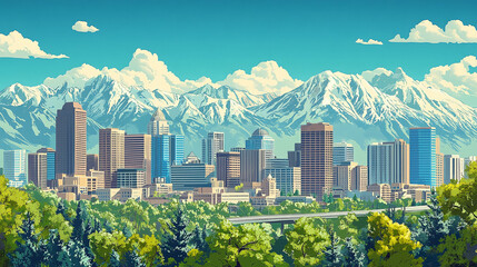 A vibrant animated illustration of Salt Lake City with modern buildings, snowy mountain peaks, and green trees under a bright sky, presenting a lively and colorful cityscape.