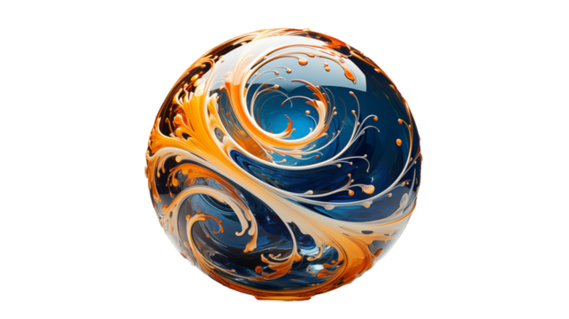 Blue and orange swirl sphere in an artistic 3D render, ideal for modern graphic design projects, transparent background.