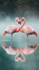 Naklejka premium A romantic scene where two flamingos are positioned facing each other, their bodies curved to form a heart in the tranquil waters