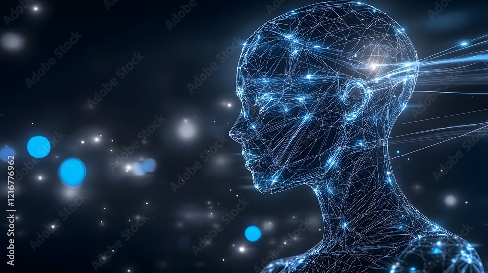 Aufkleber Abstract digital silhouette with illuminated lines and geometric patterns representing advanced technology and data processing in a futuristic background