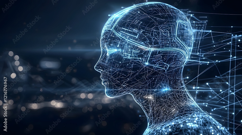 Poster Abstract digital silhouette with illuminated lines and geometric patterns representing advanced technology and data processing background for futuristic concept