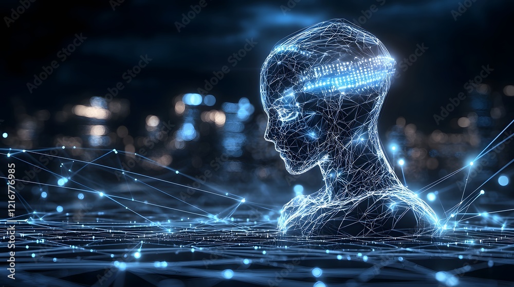 Poster Innovative abstract silhouette design with glowing light effects and a technological grid representing the future of intelligence and digital innovation