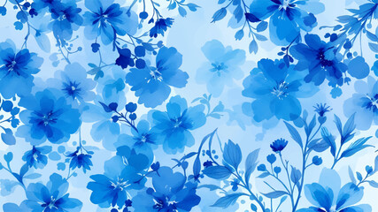 Seamless pattern with blue flowers painted in watercolor style on a white background, elegant floral design