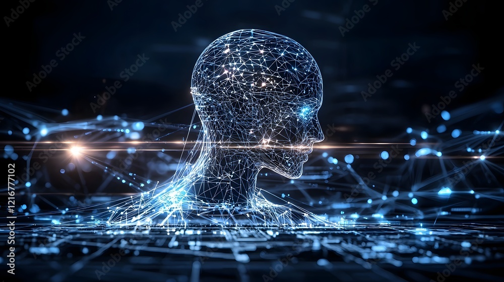 Poster innovative futuristic silhouette design with glowing technological grid representing the future of i