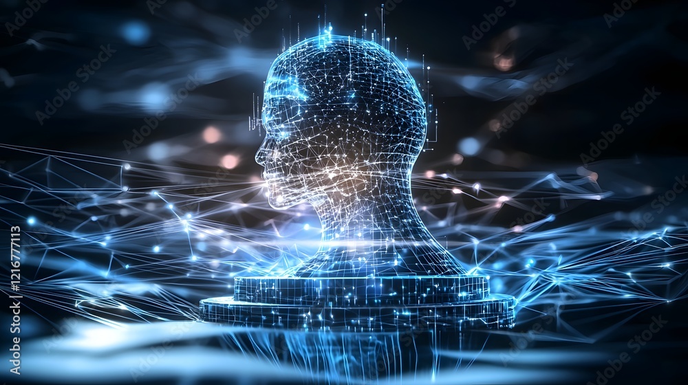 Poster Glowing Futuristic Silhouette of Interconnected Digital Intelligence A visually striking representation of intelligence with a sleek