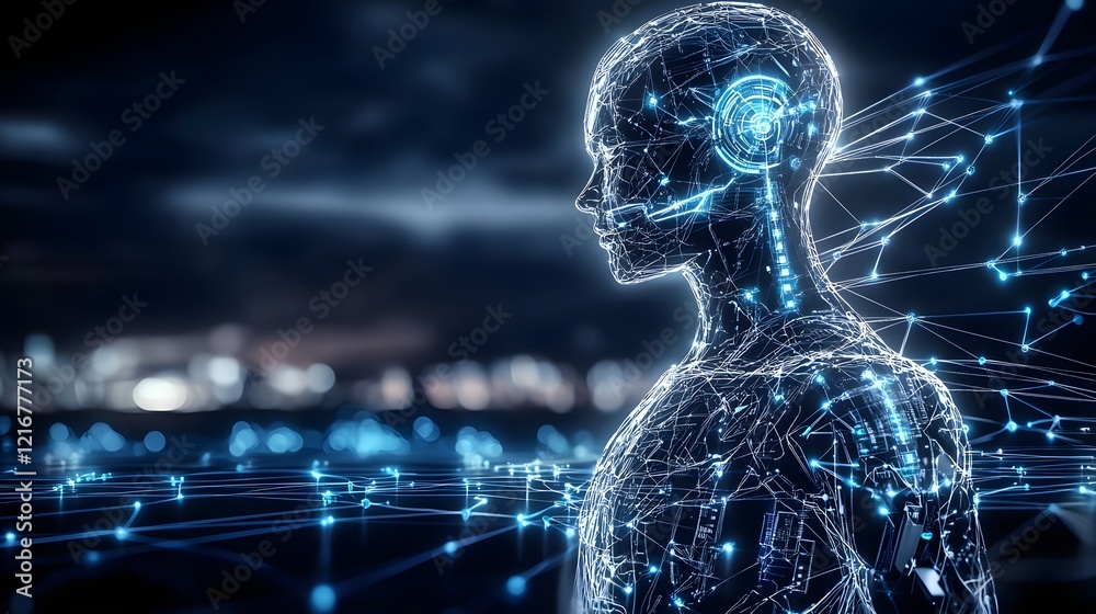 Poster Digital representation of a futuristic intelligence silhouette composed of interconnected nodes and circuits against a sleek glowing background